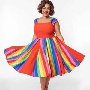 Unique Vintage Plus Size Red & Rainbow Stripe Swing Dress Size 1X 16 NWOT